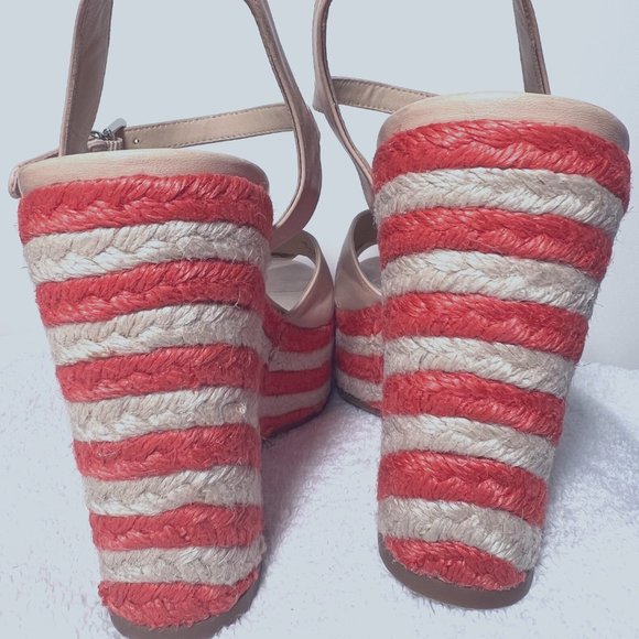 Via Spiga-Women's Wedge Straw Coral & Tan Leather Sandals-4" Heels-Sz. 7M-Unique - Picture 5 of 10